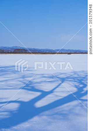 Lake Abashiri in winter Blue sky reflected on the frozen surface of the lake 101579348