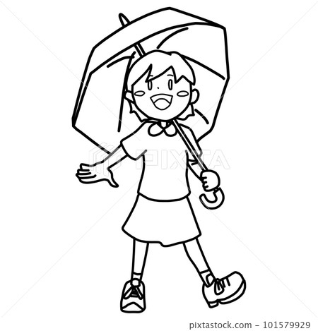 拿著雨傘微笑的女孩線描 拿著雨傘微笑的女孩線描 101579929