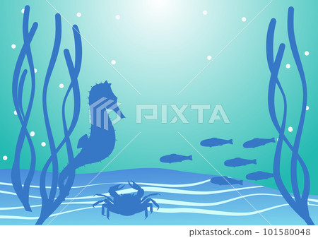 藍色背景下生活在鰻草床上的海洋生物剪影 101580048