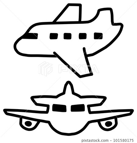 Set of 2 icon-style illustrations of airplanes facing front and side 101580175