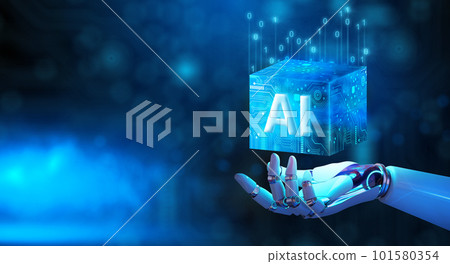 Robot hand holding Ai Processor chip of Cube Technology. Big data storage, Cloud computing, Machine learning, Ai blockchain technology. Artificial intelligence learnability Concept. 3D illustration. Robot hand holding Ai Processor chip of Cube Technology. Big data storage, Cloud computing, Machine learning, Ai blockchain technology. Artificial intelligence learnability Concept. 3D illustration. 101580354