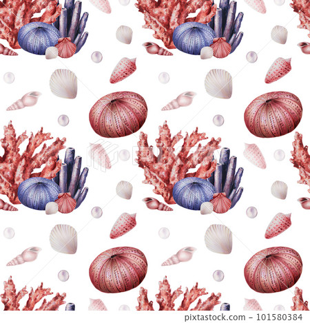 Watercolor seamless pattern with corals, urchin, shells and pearls. Hand painting clipart underwater life objects on a white isolated background. For designers, decoration, postcards, wrapping paper 101580384