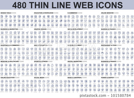 Bundle vector thin line icons concept. Contain such Icons as Business, Finance, Marketing, E-Commerce, Education, Analysis, Social Media and more. UI, UX vector icon. Conceptual linear pictogram pack. 101580784