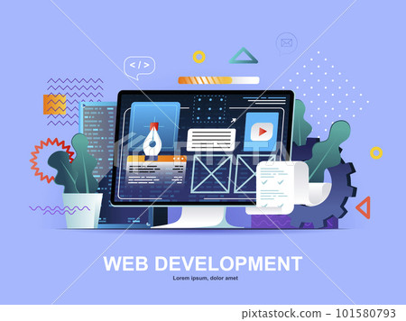 Web development flat concept with gradients. Website construct, prototyping and programming template. UI UX designer workplace 3d composition, front end development company vector illustration. 101580793