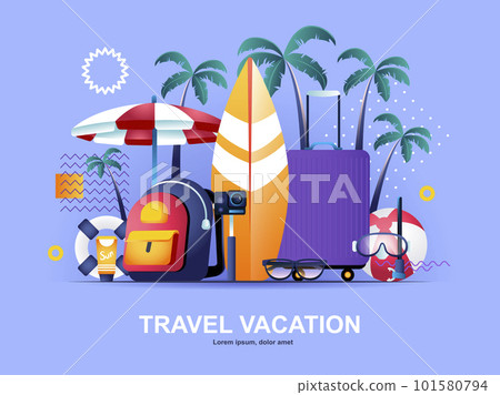 Travel vacation flat concept with gradients. Booking of airline tickets and hotel rooms web template. Summer holidays at seaside 3d composition, tropical beach vacation and surfing vector illustration Travel vacation flat concept with gradients. Booking of airline tickets and hotel rooms web template. Summer holidays at seaside 3d composition, tropical beach vacation and surfing vector illustration 101580794