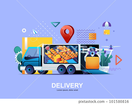 Delivery service flat concept with gradients. Express delivery service, fast global and local shipping web template. Online ordering, delivery at home by quadcopter 3d composition, vector illustration 101580816