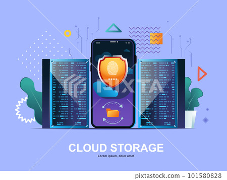 Cloud storage flat concept with gradients. Data backup mobile app, information security and privacy, web template. Virtualization technology, cloud database system 3d composition, vector illustration. 101580828