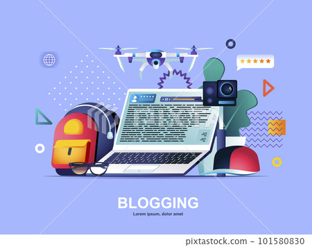 Blogging flat concept with gradients. Quality content creation for social media web template. Network communication, vlogging occupation with camera and quadcopter 3d composition, vector illustration. 101580830