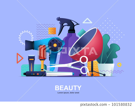 Beauty industry flat concept with gradients. Barbershop master, hairstyling salon web template. Professional equipment for hairdresser 3d composition, beauty shop service vector illustration. 101580832