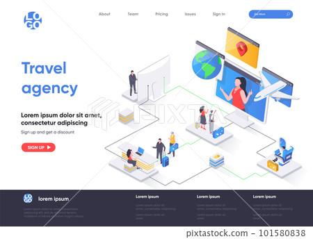 Travel agency isometric landing page. Online booking service, comfortable air transportation, airport boarding isometry concept. Tour operator flat web page. Vector illustration with people characters 101580838