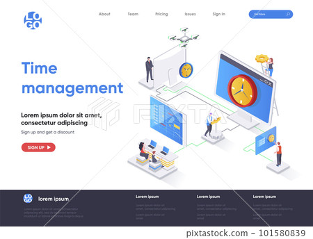 Time management isometric landing page. Effective planning workflow and performing tasks isometry concept. Adherence to deadlines, high work productivity. Vector illustration with people characters. Time management isometric landing page. Effective planning workflow and performing tasks isometry concept. Adherence to deadlines, high work productivity. Vector illustration with people characters. 101580839