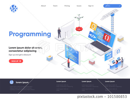 Programming isometric landing page. Full stack software development, engineering, programming isometry concept. Outsourcing company service flat web page. Vector illustration with people characters. 101580853