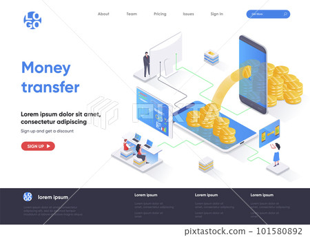 Money transfer isometric landing page. Internet banking mobile application isometry concept. Online money transaction and payment service flat web page. Vector illustration with people characters. 101580892