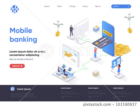 Mobile banking isometric landing page. Smart finance app, money transactions and payments isometry concept. Digital wallet mobile application flat web page. Vector illustration with people characters. 101580937