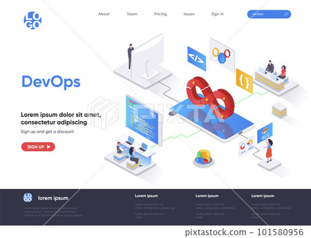 DevOps isometric landing page. Development operations, administration and monitoring isometry concept. Programming and engineering service flat web page. Vector illustration with people characters. 101580956
