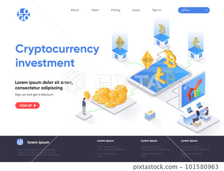 Cryptocurrency investment isometric landing page. Buy and trade bitcoin, litecoin and ethereum cryptocurrency isometry concept. Capital investing web page. Vector illustration with people characters. 101580963