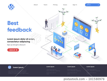 Best feedback isometric landing page. Online customers opinion, rating and review isometry concept. Social media marketing, feedback comment flat web page. Vector illustration with people characters. 101580978