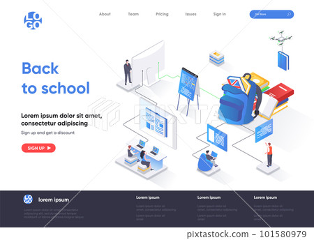 Back to school isometric landing page. Elementary and high schools education isometry concept. Distance education program, online learning flat web page. Vector illustration with people characters. 101580979