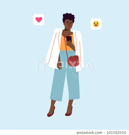 People using phone. Female with smartphone. Web messenger. Network conversation. Lady holding evice. Internet communication. Smiley and love heart icons. Vector woman chatting online People using phone. Female with smartphone. Web messenger. Network conversation. Lady holding evice. Internet communication. Smiley and love heart icons. Vector woman chatting online 101582010