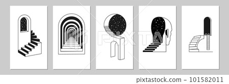 Surreal cover design, infinity posters. Line stairs and ladders sculpture elements, arch and doors monochrome universe. Minimal design cards. Geometric figures vector abstract modern banners 101582011