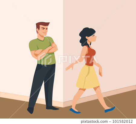 Couple relationship. Man and woman argue. Family conflict. People ignore each other. Communication misunderstanding. Wife and husband divorce. Disagreement crisis. Vector illustration 101582012
