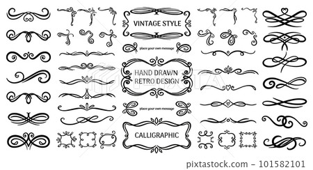 Flourish ornaments. Vintage line decoration frames collection, elegant retro border elements for cards and posters decor, filigree accent classic shapes for decor. Vector design corners set 101582101