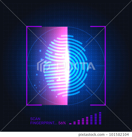 Fingerprint biometric scanner. Digital identification. Finger print scan process. Thumb fingermark. Authentication glow screen. Hand imprint technology. Vector illustration concept 101582104