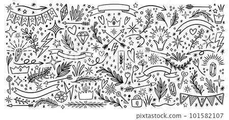 Doodle heart, sparkle and star icons. Hand drawn scribble drawing lighting, black arrow and flower elements, simple line diamonds and crowns. Freehand shapes. Vector illustration symbols 101582107