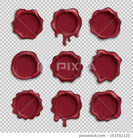 Seal wax stamp. Realistic round postmark set, certificate letter for premium office paper, diploma emblem, confidential documents, envelope seals 3d isolated elements. Vector graphic badge Seal wax stamp. Realistic round postmark set, certificate letter for premium office paper, diploma emblem, confidential documents, envelope seals 3d isolated elements. Vector graphic badge 101582120