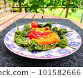Red, yellow and green roasted mini peppers on plate. High quality photo 101582666