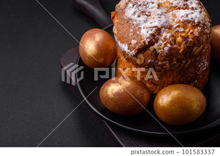 Delicious fresh Easter cake with fruits and raisins Delicious fresh Easter cake with fruits and raisins 101583337