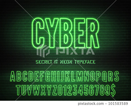 Green neon hollow typeface and vector Cyber night light sign 101583589