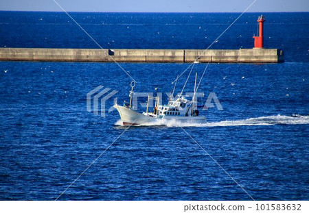 Harsh but rich seas... Fishing boats return to Aomori Port from the deep blue Tsugaru Strait. 101583632
