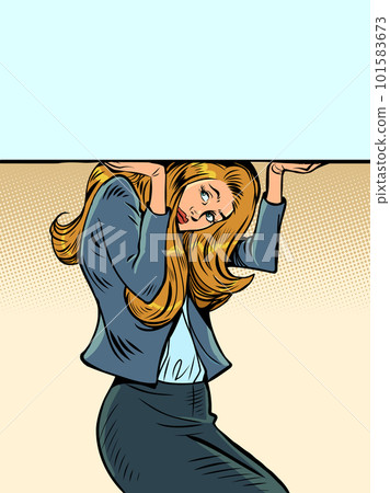 Pressure on office workers. Offers of services, goods for hard workers . Neat office lady is holding a banner from above. Pop Art Retro Pressure on office workers. Offers of services, goods for hard workers . Neat office lady is holding a banner from above. Pop Art Retro 101583673