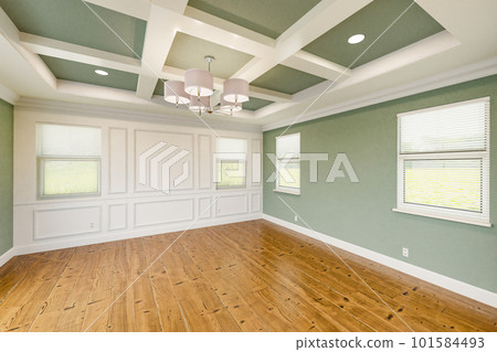 Beautiful Light Green Custom Master Bedroom Complete with Entire Wainscoting Wall, Fresh Paint, Crown and Base Molding, Hard Wood Floors and Coffered Ceiling Beautiful Light Green Custom Master Bedroom Complete with Entire Wainscoting Wall, Fresh Paint, Crown and Base Molding, Hard Wood Floors and Coffered Ceiling 101584493