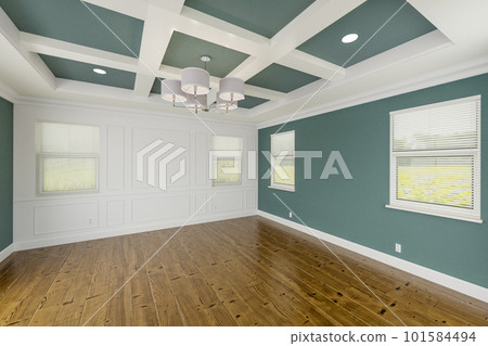Beautiful Muted Teal Custom Master Bedroom Complete with Entire Wainscoting Wall, Fresh Paint, Crown and Base Molding, Hard Wood Floors and Coffered Ceiling Beautiful Muted Teal Custom Master Bedroom Complete with Entire Wainscoting Wall, Fresh Paint, Crown and Base Molding, Hard Wood Floors and Coffered Ceiling 101584494