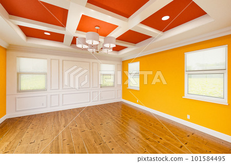 Beautiful Bold Red and Yellow Custom Master Bedroom Complete with Entire Wainscoting Wall, Fresh Paint, Crown and Base Molding, Hard Wood Floors and Coffered Ceiling 101584495