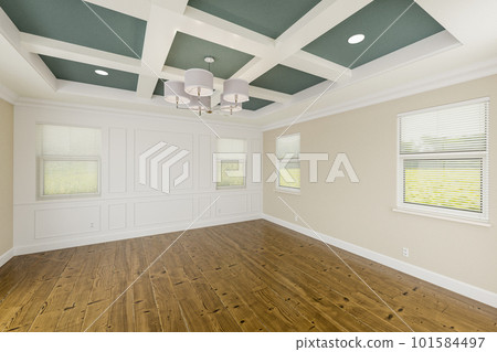 Beautiful Muted Teal and Tan Custom Master Bedroom Complete with Entire Wainscoting Wall, Fresh Paint, Crown and Base Molding, Hard Wood Floors and Coffered Ceiling 101584497