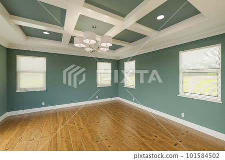 Beautiful Muted Teal Custom Master Bedroom Complete with Fresh Paint, Crown and Base Molding, Hard Wood Floors and Coffered Ceiling Beautiful Muted Teal Custom Master Bedroom Complete with Fresh Paint, Crown and Base Molding, Hard Wood Floors and Coffered Ceiling 101584502