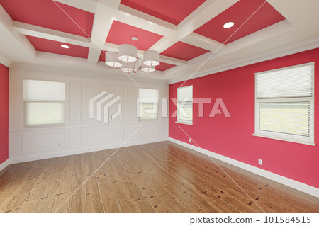 Beautiful Color of the Year for 2023, Viva Magenta Custom Master Bedroom Complete with Entire Wainscoting Wall, Fresh Paint, Crown and Base Molding, Hard Wood Floors and Coffered Ceiling Beautiful Color of the Year for 2023, Viva Magenta Custom Master Bedroom Complete with Entire Wainscoting Wall, Fresh Paint, Crown and Base Molding, Hard Wood Floors and Coffered Ceiling 101584515
