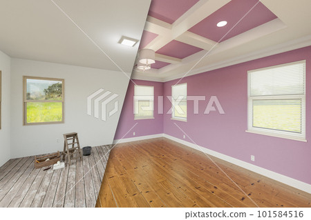 Lilac Before and After of Master Bedroom Showing The Unfinished and Renovation State Complete with Coffered Ceilings and Molding. Lilac Before and After of Master Bedroom Showing The Unfinished and Renovation State Complete with Coffered Ceilings and Molding. 101584516