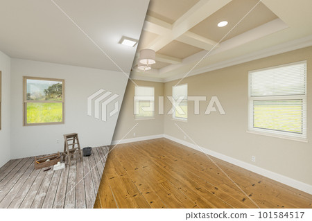 Tan Before and After of Master Bedroom Showing The Unfinished and Renovation State Complete with Coffered Ceilings and Molding. Tan Before and After of Master Bedroom Showing The Unfinished and Renovation State Complete with Coffered Ceilings and Molding. 101584517