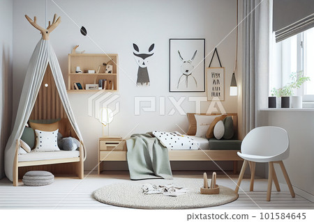 Scandinavian interior design of playroom with wooden cabinet, armchairs, Spacious child room with window, play tent, sack chair, poster mockup, Generative AI Scandinavian interior design of playroom with wooden cabinet, armchairs, Spacious child room with window, play tent, sack chair, poster mockup, Generative AI 101584645