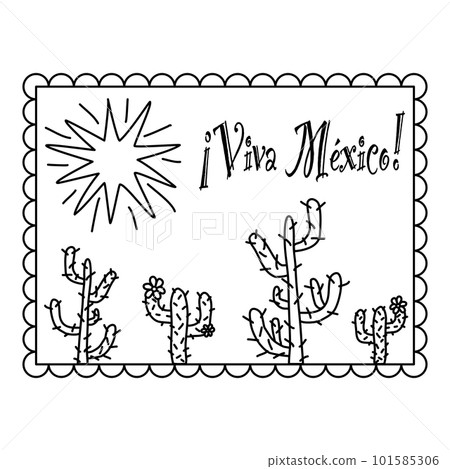 Card with cactus, sun and Viva Mexico text, doodle style flat vector outline for coloring book 101585306