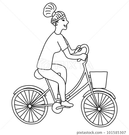 Woman traveling on bike, healthy and sport lifestyle concept, flat vector outline for coloring book 101585307