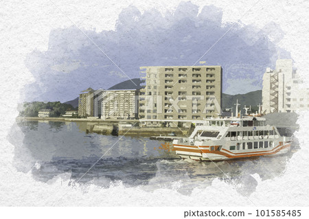 Watercolor style Miyajimaguchi Passenger Terminal JR West Miyajima Ferry Misenmaru Hatsukaichi City, Hiroshima Prefecture Watercolor style Miyajimaguchi Passenger Terminal JR West Miyajima Ferry Misenmaru Hatsukaichi City, Hiroshima Prefecture 101585485
