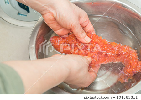 [要製作醬油醃製鮭魚子，請將生鮭魚子放入加鹽的溫水中] 101585811