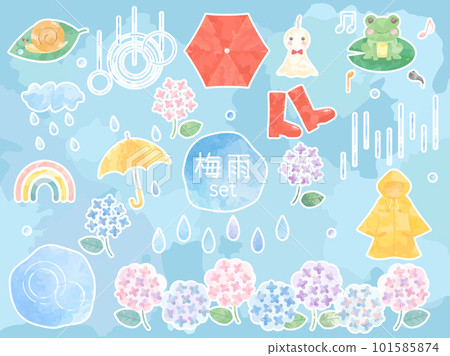 A set of cute rainy season illustrations such as umbrellas, hydrangeas, and rainbows (version with white border) A set of cute rainy season illustrations such as umbrellas, hydrangeas, and rainbows (version with white border) 101585874