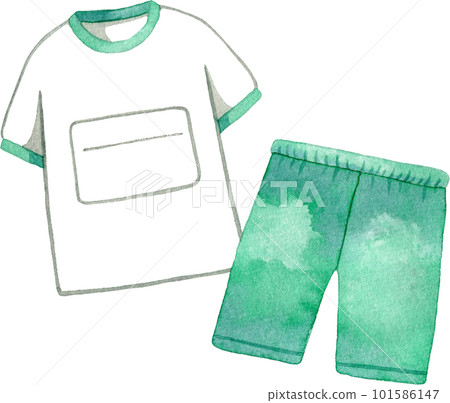 Watercolor illustration of green gym clothes (with name tag and bib number) Watercolor illustration of green gym clothes (with name tag and bib number) 101586147