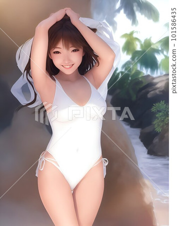 smiling woman in white swimsuit 101586435